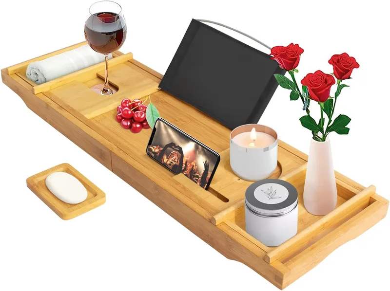 Extendable bamboo bathtub shelf