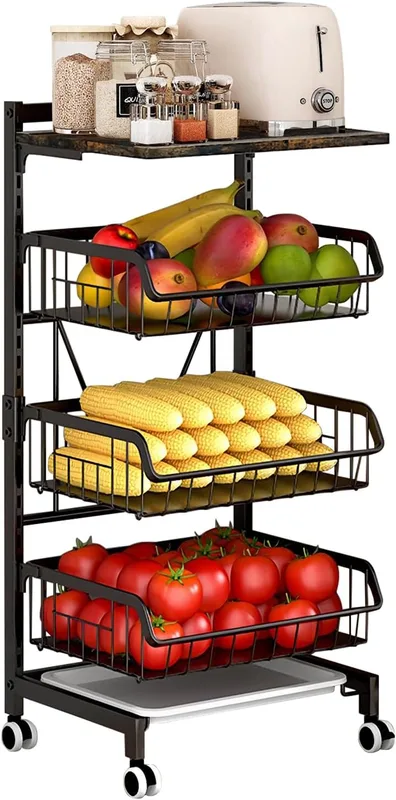 Kitchen trolley with 3 baskets and wood board